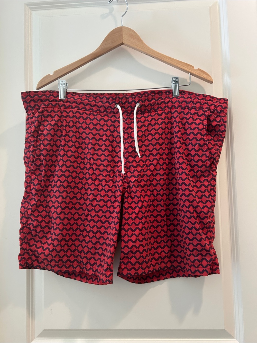 J. Crew Red Patterned Drawstring Swim Shorts inner mesh support pouch pockets M?